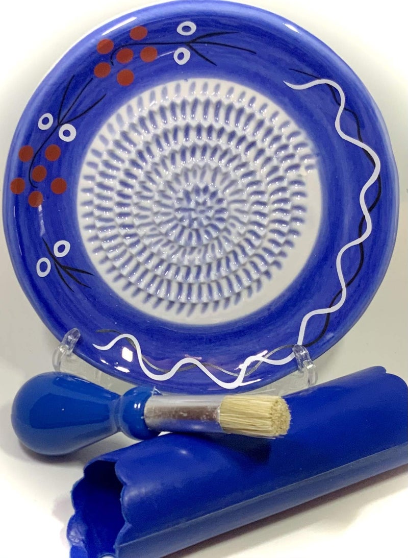 BonCera, All-in-one Premium Ceramic Garlic Grater Plate 4-Piece Set - White Line on Blue Design - For Garlic, Ginger, Chocolate, and more! - Comes with 5.25" Plate, Peeler, Brush, and Stand - Image 1